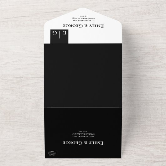 Minimale Schwarz-Weiß-Monogramm-Elegante Hochzeit All In One Einladung (Außenbereich)