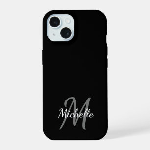 Minimale Schwarz-Weiß-Monogramm-Name + Initiale iPhone 15 Hülle