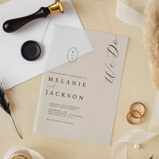 Minimale Schwarz-Weiß-Monogramm-Wappen-Hochzeit Pergament Einladungen