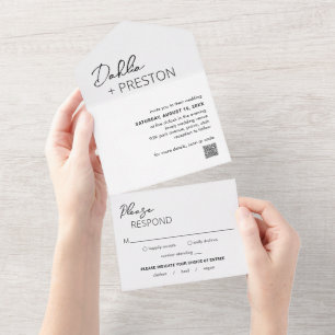 Minimale Schwarz-Weiß-QR-Code-Moderne Hochzeit All In One Einladung