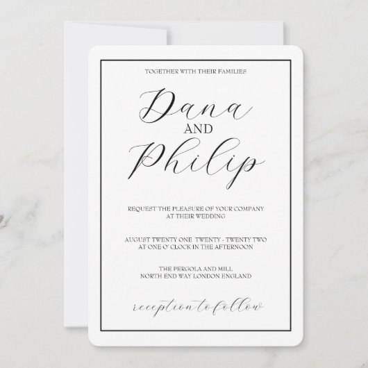 Minimale Schwarz-Weiß-Script-Hochzeit Einladung (Vorderseite)