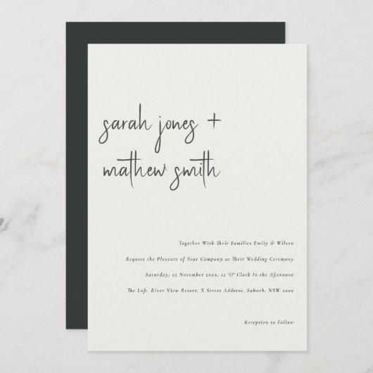 Minimale Schwarz-Weiß-Script-Typografie-Hochzeit Einladung (Vorne/Hinten)