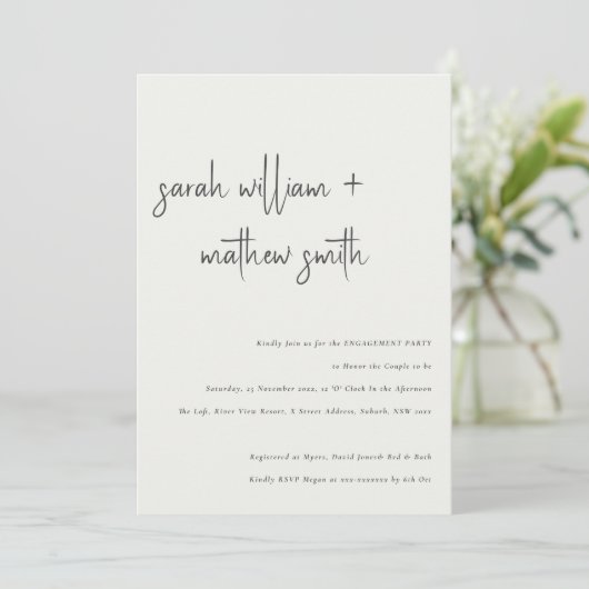 Minimale Schwarz-Weiß-Script-Verlobung Einladung (Stehend Vorderseite)