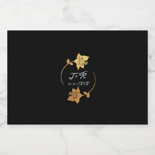 Minimale Schwarz-weiße Goldinitials Monogram-Blume Lebensmitteletikett (Einzelnes Label)