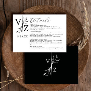 Minimale Schwarz-weiße Leaf-Monogramm-Hochzeitdeta Begleitkarte