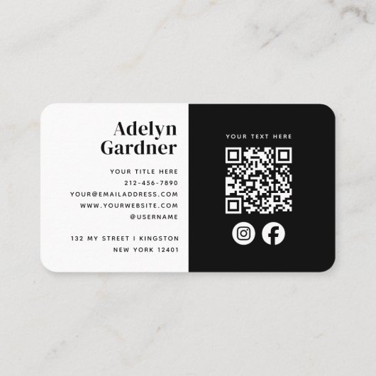 Minimale Schwarz-weiße Monogram QR Code Social Med Visitenkarte (Rückseite)