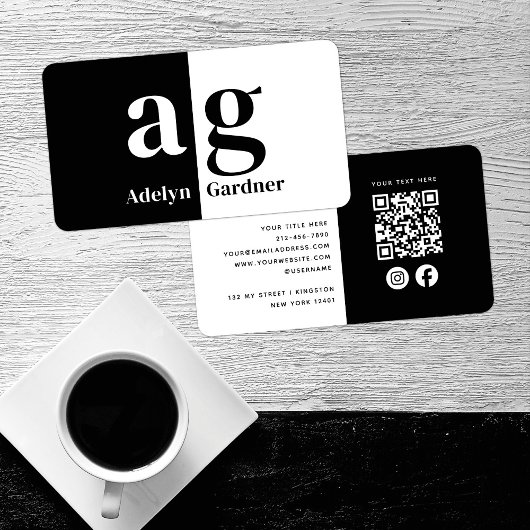 Minimale Schwarz-weiße Monogram QR Code Social Med Visitenkarte
