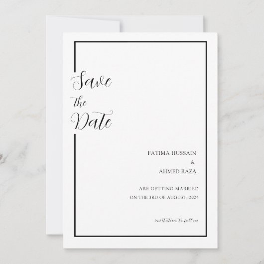 Minimale Schwarz-weiße muslimische Hochzeit rettet Save The Date (Vorderseite)