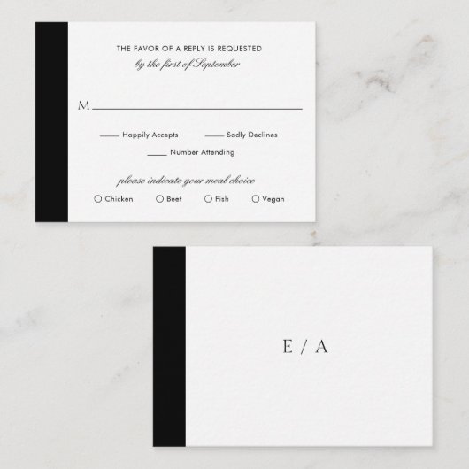 Minimale Schwarz-weiße Wedding Mini RSVP Karte (Vorne/Hinten)