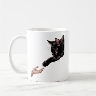 Minimale schwarze Katze und menschliche Verbindung Kaffeetasse