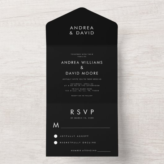 Minimale schwarze Klappenbildung in einer Hochzeit All In One Einladung (Innen Boden)