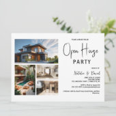 Minimale Schwarze Weiße 4-Foto-Open-House Einladung (Stehend Vorderseite)