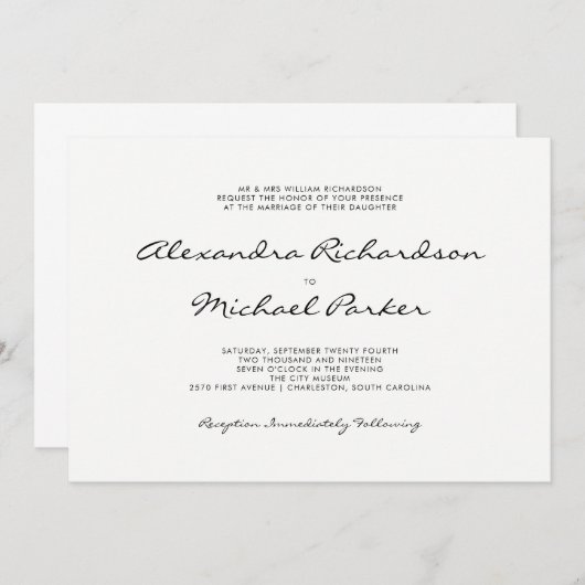 Minimale Schwarzweiss-Hochzeit der Eleganz-| Einladung (Vorne/Hinten)