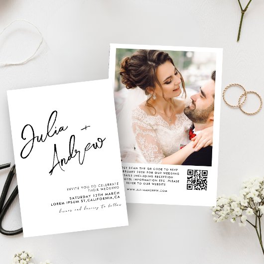 Minimale Schwarzweiß-QR-Foto-Hochzeit Einladung