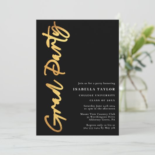 Minimale Script Black Gold Graduation Party Einladung (Stehend Vorderseite)