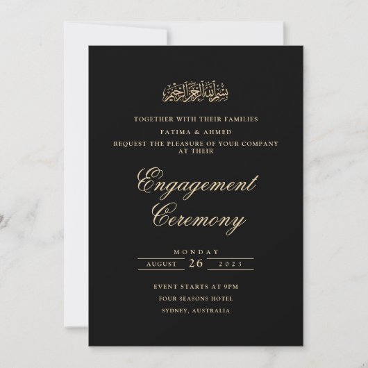 Minimale Script Black Gold Moslem Engagement Party Einladung (Vorderseite)