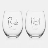 Minimale Script Bride Trauzeugin Hochzeit Weinglas Ohne Stiel (Vorderseite)