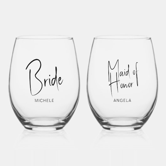Minimale Script Bride Trauzeugin Hochzeit Weinglas Ohne Stiel (Vorderseite)