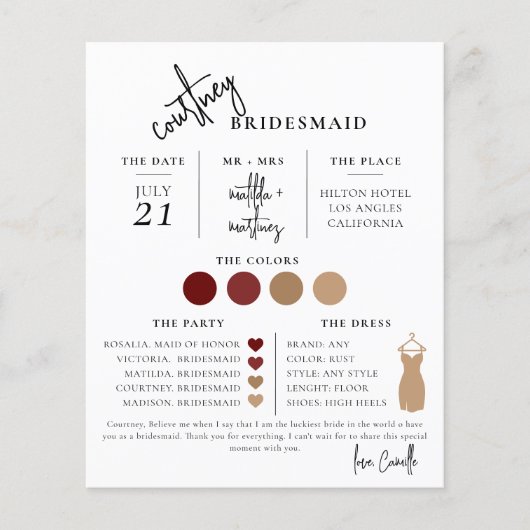 Minimale Script Bridesmaid Info-Vorlage (Vorderseite)