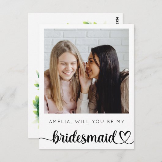 Minimale Script Bridesmaid Vorschlagskarte mit Fot Postkarte (Vorne/Hinten)