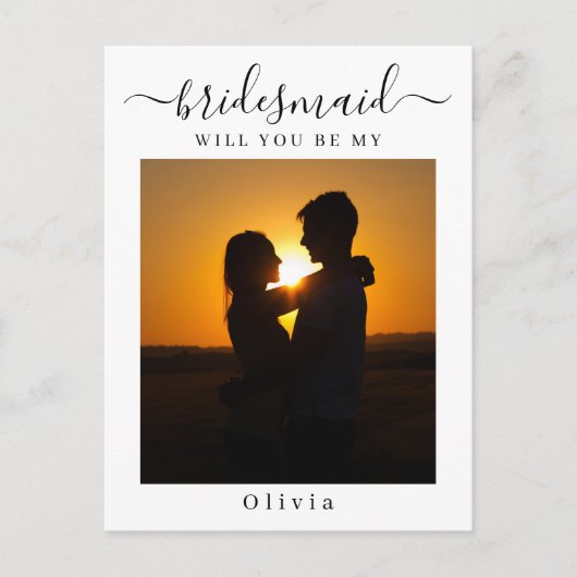 Minimale Script Bridesmaid Vorschlagskarte mit Fot Postkarte (Vorderseite)