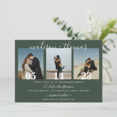 Minimale Script dunkelgrüne Foto Collage Hochzeit Einladung (Stehend Vorderseite)