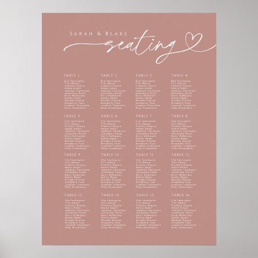 Minimale Script Dusty Rose Hochzeitsdiagramm Poster (Vorne)