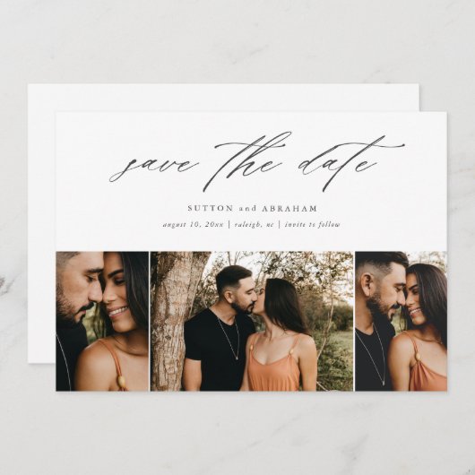 Minimale Script-Hochzeit 3 Foto Save The Date (Vorne/Hinten)