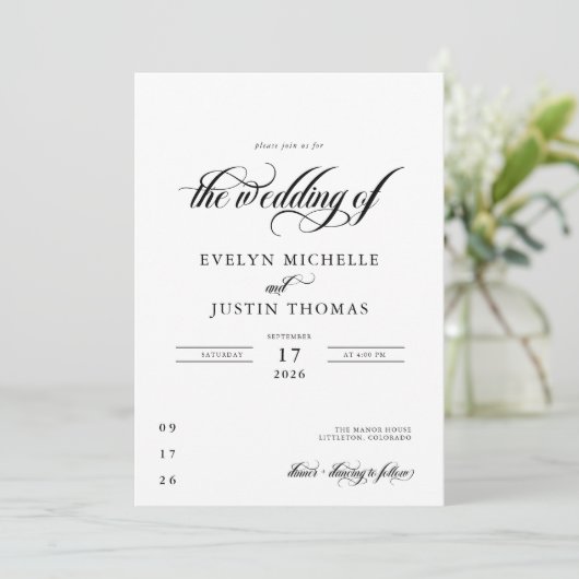 Minimale Script-Hochzeit Einladung (Stehend Vorderseite)