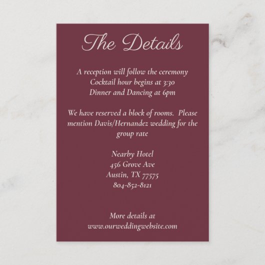 Minimale Script-Lila Plumdetails-Karte Begleitkarte (Vorderseite)