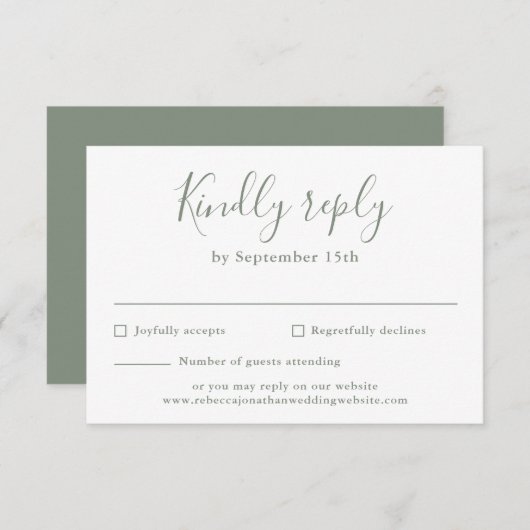 Minimale Script Olive Green Wedding RSVP Card (Vorne/Hinten)