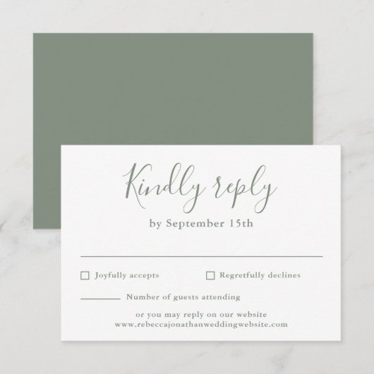 Minimale Script Olive Green Wedding RSVP Card Karte (Vorne/Hinten)