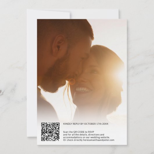 Minimale Script Qr-Code-Namen 6-Foto-Grid-Hochzeit Einladung (Rückseite)