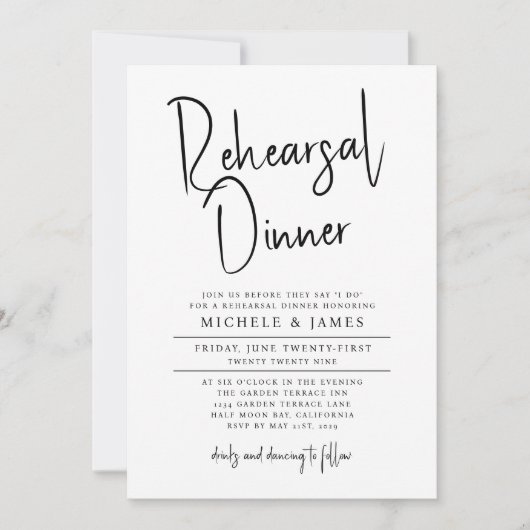 Minimale Script Typografie Hochzeit Probe Dinner Einladung (Vorderseite)