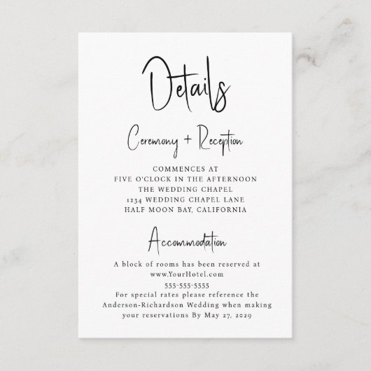 Minimale Script Typografy Wedding Details Begleitkarte (Vorderseite)
