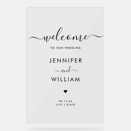 Minimale Script Wedding Party Willkommen Schwarz Acrylschild (Vorderseite)