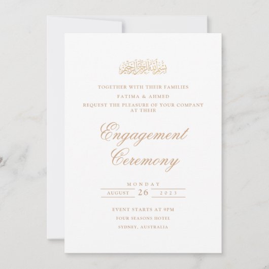 Minimale Script White Gold-Engagement-Partei Einladung (Vorderseite)