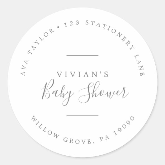 Minimale Silver Baby Shower Circular Rücksendeadre Runder Aufkleber (Vorderseite)