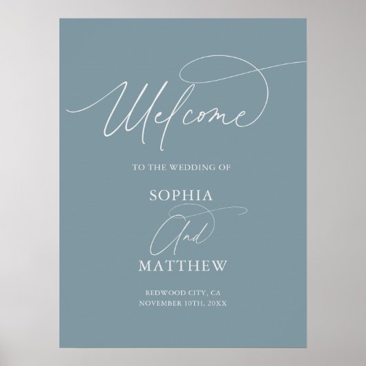 Minimale Skript Willkommen Dusty Blue Hochzeitspos Poster (Vorne)