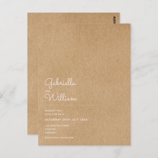 Minimale Skripte Rustic Kraft Save the Date Postkarte (Vorne/Hinten)