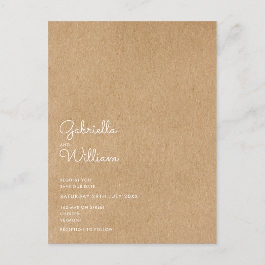 Minimale Skripte Rustic Kraft Save the Date Postkarte (Vorderseite)