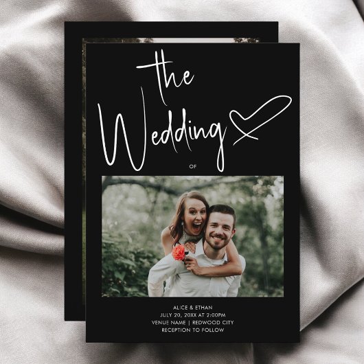 Minimale Skriptsignatur Herz-Foto Schwarze Hochzei Einladung