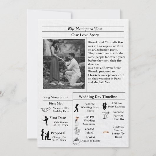 Minimale Skriptzeitung Hochzeit speichern das Datu Einladung (Rückseite)