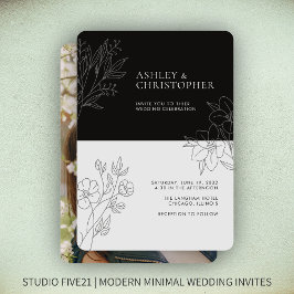Minimale Smokey Black Foliage Kontur Foto Hochzeit Einladung