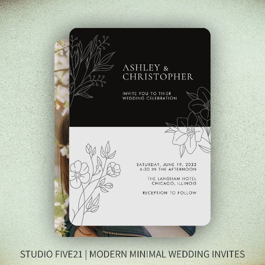 Minimale Smokey Black Foliage Kontur Foto Hochzeit Einladung