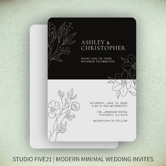 Minimale Smokey Black Foliage Kontur Hochzeit Einladung