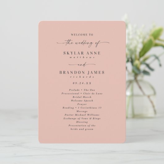 Minimale Solid Blush Pink Hochzeitfeier Programm (Stehend Vorderseite)
