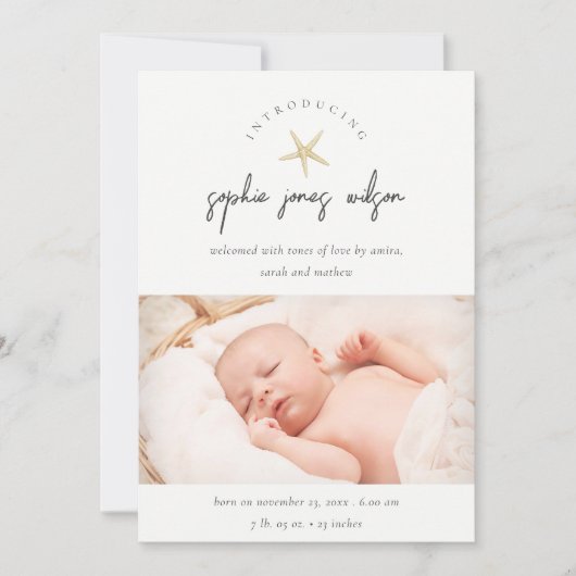 Minimale Starfish Script Foto Geburtserklärung Dankeskarte (Vorderseite)