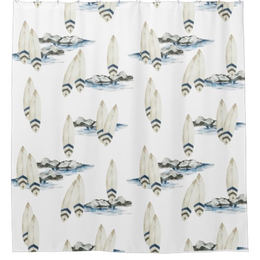 Minimale Surfbrett Wasserfarben Küstenvibes Duschvorhang (Vorderseite)
