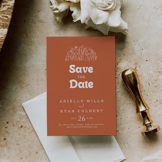 Minimale Terrakotta-Wildblumen-Hochzeit Save The Date